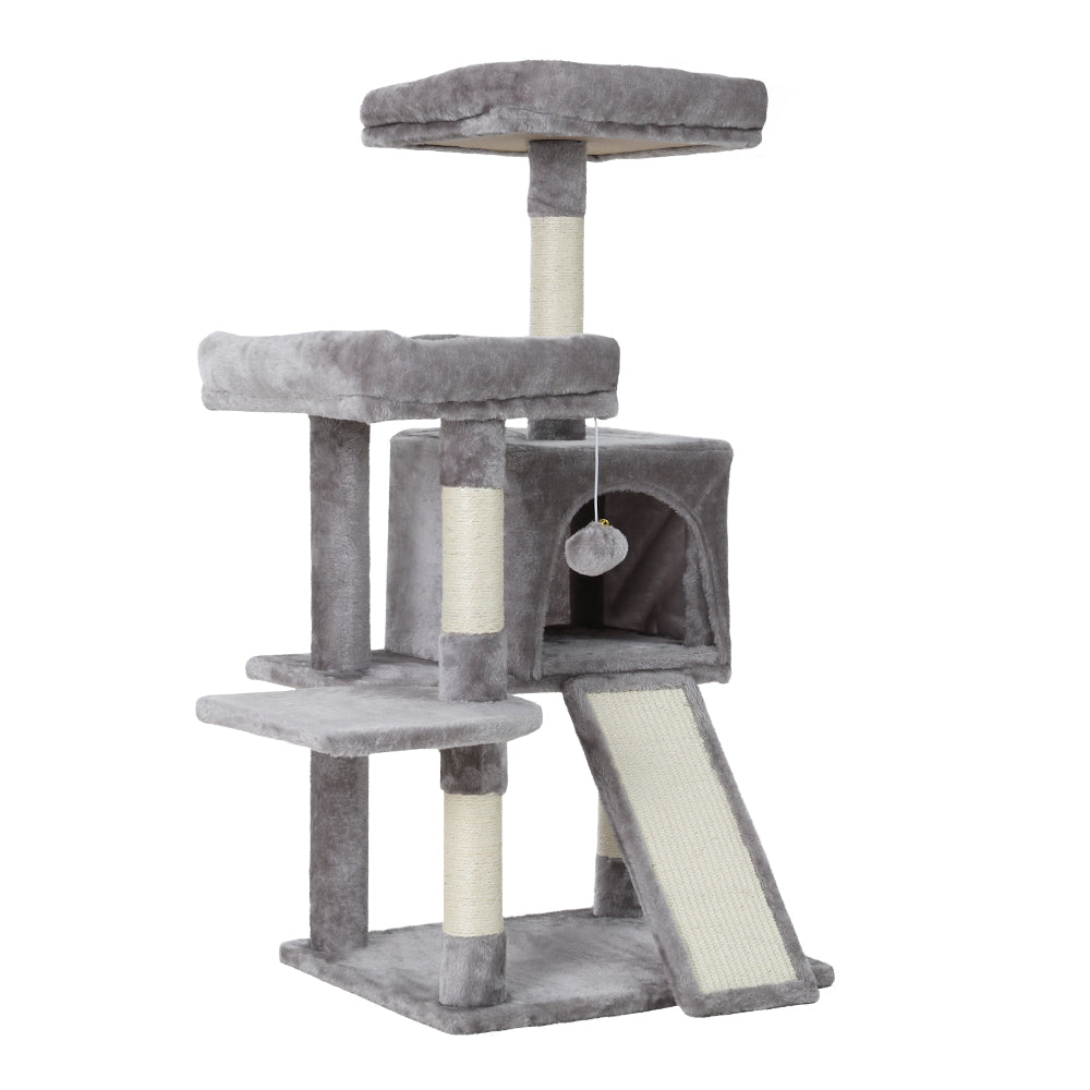 Grey cat scratching tree with condo, nap spot