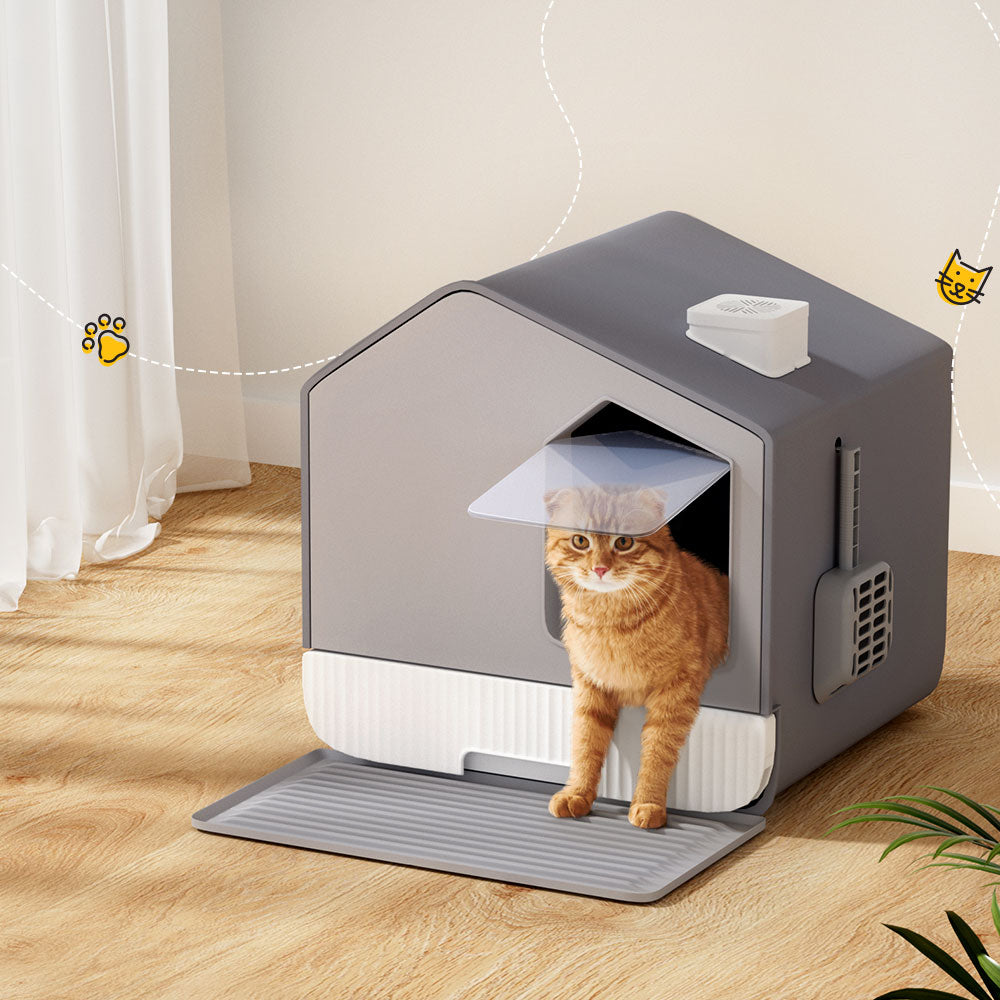 i.Pet Enclosed Cat Litter Box House Grey