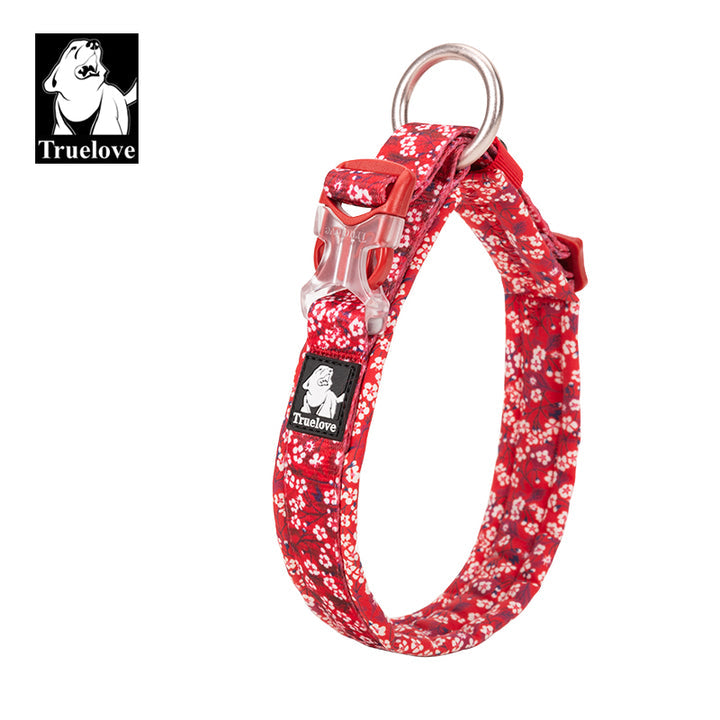 red dog collar with white flowers