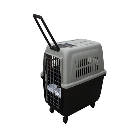 Pet carrier with handle and wheels black base