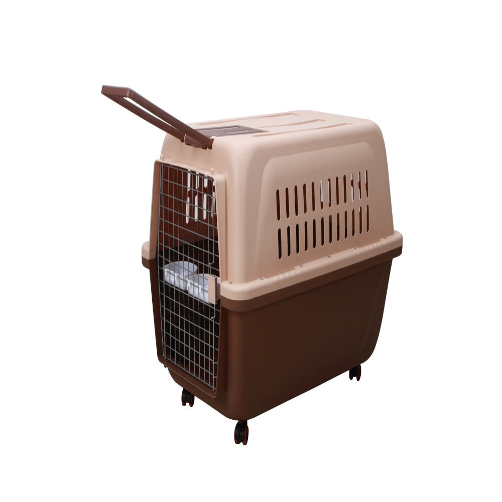 pet carrier with handle and wheels brown base